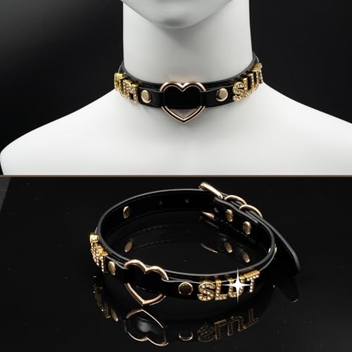 Handmade Gold Heart O-Ring Letter Choker Necklace for Women, Adjustable PU Leather Black/Pink Choker Collar For Women, Goth Choker Collars Necklace3