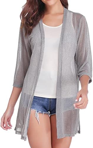 iClosam Women Casual 3/4 Sleeve Sheer Open Front Cardigan Sweater (Grey, Medium)