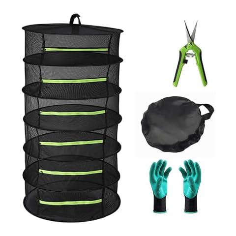 ZHENROAD Herb Drying Rack, 6 Tier Hanging Drying Rack, Black Mesh Drying Rack with Zipper, Gloves, Garden Pruning Shear for Drying Herbs, Plants, Seeds, Buds Cover