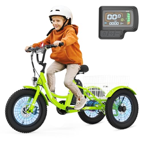 MOONCOOL Electric Tricycle for Youth, 35 Miles 16\" 3\" Fat Tire Electric Trike, 3 Wheels Electric Bikes, 250W Aluminum Frame Electric Tricycle Removable Battery & Basket