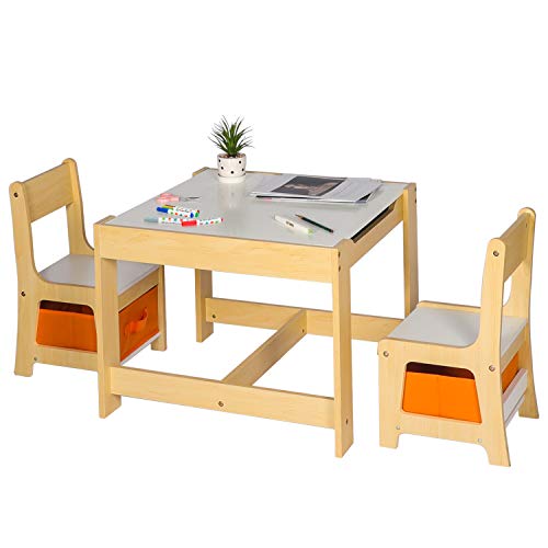 3 in 1 Kids Wood Table and 2 Chairs Set Kids Multi Activity Table and Chair with Storage Children Play Desk for Building Blocks Reading Drawing Art Playroom (Natural)