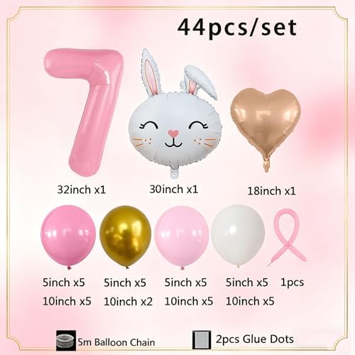 Bunny Themed Number 7 Balloon Column Set (1-9 Variants) - Pink Number, Cute Rabbit & Colorful Balloons for 7 Year Old Girl Birthday Decoration, 7th Easter Party Decorations (Pink 7) - 1