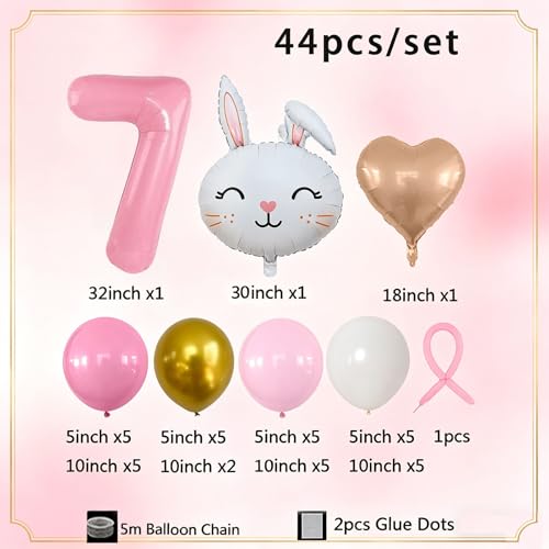 Bunny Themed Number 7 Balloon Column Set (1-9 Variants) - Pink Number, Cute Rabbit & Colorful Balloons for 7 Year Old Girl Birthday Decoration, 7th Easter Party Decorations (Pink 7)