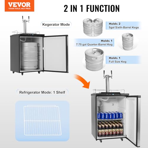 VEVOR Beer Kegerator, Dual Tap Draft Beer Dispenser, Full Size Keg Refrigerator With Shelf, CO2 Tank(No Gas), Drip Tray & Rail, 23°F- 82.4°F Temperature Control, 162L, Silver on Fridge.com