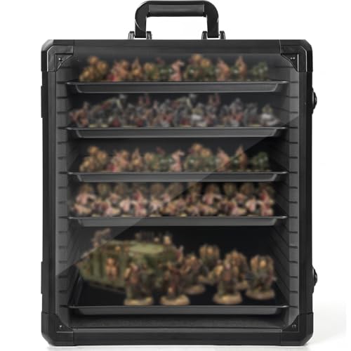 AKOZLIN Miniatures Storage Case Miniatures Transport Case with Lock, 6 Magnetic Metal Trays & Aluminum Alloy Frame,Black-Small 32 × 17.5 × 40.5 cm (L-40.89×32×45.97cm)