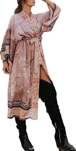 Kimonos womens open front kimono duster floral print kimono robe loose summer kimono cardigan belt fitted boho beach cover ups528-1 light purple...