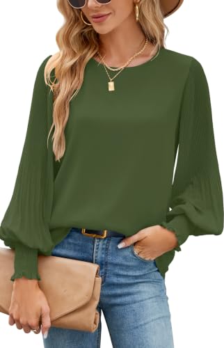 Image of Aifer Womens Tops Dressy Casual Long Sleeve Shirts Chiffon Blouses | Sheer Pleated Lantern Sleeves, Crew Neck, Back Keyhole, Versatile, Ideal for Office Workwear, Daily Outfits, Party Looks