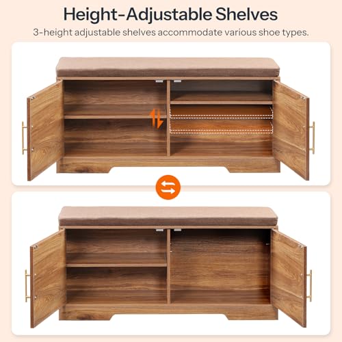 HOOBRO Faux Rattan Shoe Storage Bench with Cushion, Boho Entryway Bench with 2 Doors and Adjustable Shelves, Pet-Proof Hidden Shoe Cabinet for Hallway, Living Room, 39.2\" L, Natural, CE53HX01