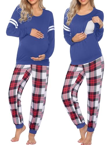Ekouaer Maternity & Nursing Pajamas Sets Long Sleeve Breastfeeding Top & Bottom Plaid Pregnant with Pants for Hospital