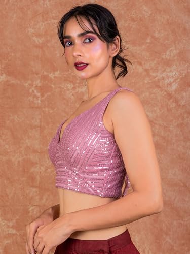 Image of FIGURE'S DESIGNER Women's Sequin Embroidered SabyaSachi Cut Sweetheart V Neck Sleeveless Readymade Saree Blouse E30