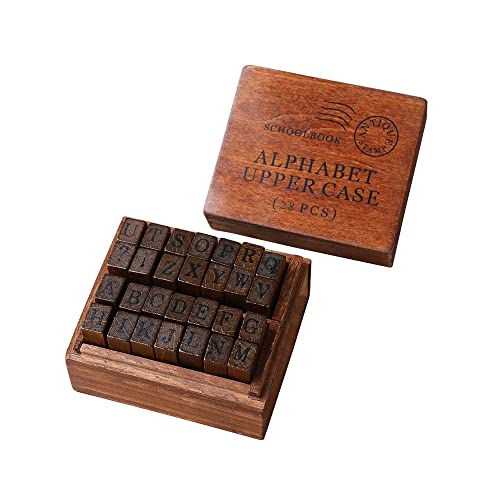 Diyomr Vintage Letter Stamps Wood Rubber Stamps, 26Pcs Alphabet Stamps Set With Old Red Vintage Wooden Box For Gift Card Making Scrapbook Diy Ancient Typing Simulation (Uppercase, Print) #TOP17