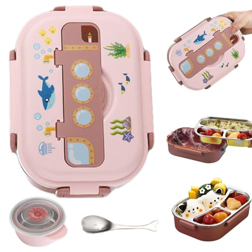 Monetais Boîte à déjeuner en acier inoxydable à 3 compartiments avec cuillère, étanche pour enfants, style 2