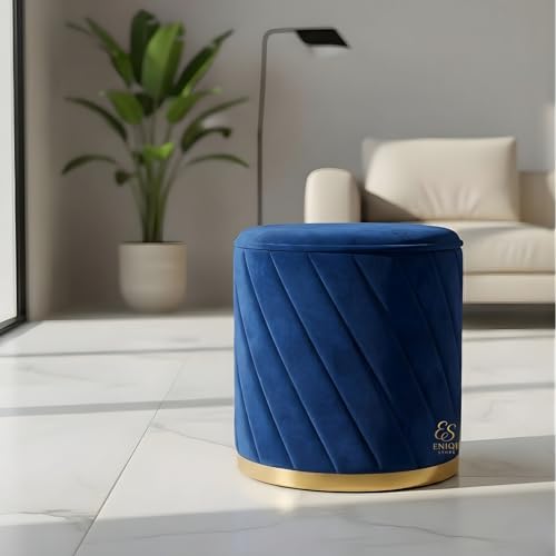 Image of Premium Velvet Ottoman Stool | Modern Round Pouffe with Gold Base | Multipurpose Seating | Living Room & Bedroom Decor (Blue Set of 2)