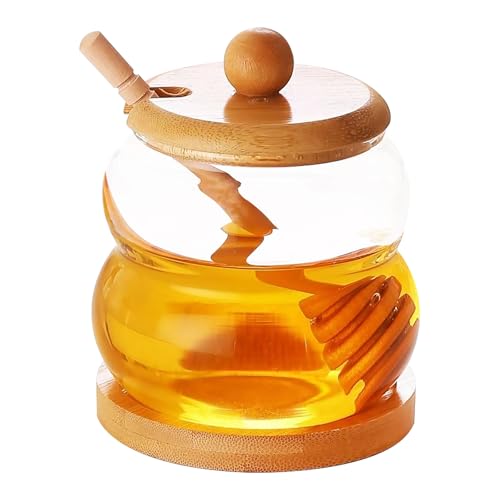 Dzmuero Tarro para Miel, Dispensador de Miel, 300ml Cuchara Miel, Tarro de Miel de Madera con Tapa, Recipiente de Cristal Sellado, Tarro de Boca Ancha para Guardar