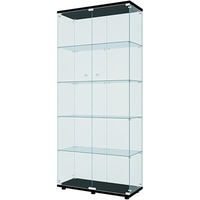 Curio Glass Cabinet Display case for Collectibles Shelves for Living Room, Bedroom, Office, Black Floor Standing Glass Bookshelf, Quick Installation (Black, 5 Shelf Double Door)
