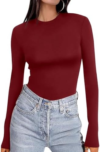 Ekouaer Women's Long Sleeve Shirts Tight Fitted Tops Crewneck Underscrubs Tee Lightweight Basic Thermal Undershirts