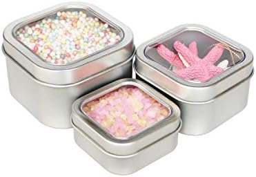 18-Pack Empty Square Silver Metal Tins with Clear Window for Candle Making, Candies, Gifts & Treasures, Mixed Sizes