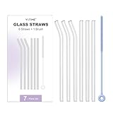 YOTIME 6-Pack Reusable Glass Straws Set, 8.5''x10MM, Set of 3 Straight and 3 Bent with 1 Silicone Cleaning Brush, Perfect for Smoothies, Juice, Milkshake and Coffee (Clear Straws, Blue Brush)