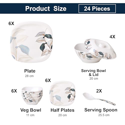 Image of Golden Fish 24 Pcs Dinner Set with Covered Donga for 6 | 6 Full Plates, 6 Quarter Plates, 6 Veg Bowls, 2 Donga with Lid & 2 Serving Spoons | Hygienic Serving Set for Home Dining & Hosting