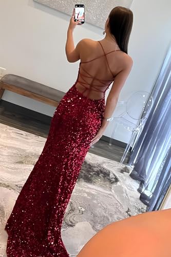 TIRAS Women’s V-Neck Sequin Prom Dresses Long with Slit Mermaid Glitter Formal Dress CM1402