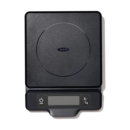 An OXO Good Grips five-pound kitchen scale with the display pulled out from the base.