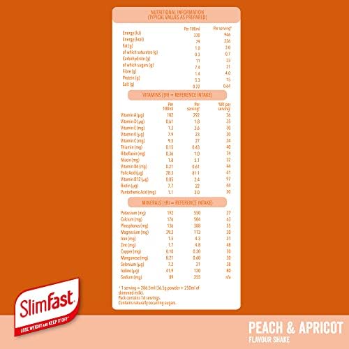SlimFast Balanced Meal Shake, Healthy Shake for Balanced Diet Plan with Vitamins and Minerals, High in Fibre, Meal Replacement, Peach & Apricot Flavour, 16 Servings, 584 g