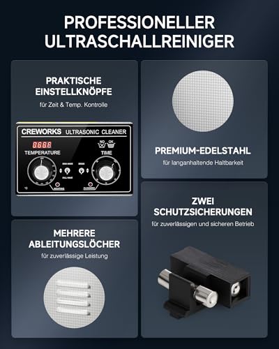 CREWORKS Ultraschallreinigungsgerät Edelstahl 3,2L Ultraschallreiniger 120W mit Heizung Timer Degas & Soft-Modus für Zahnprothesen Schmuck Brillen Uhren Gläser Ultraschall-Reinigungsgerät mit Knöpfen