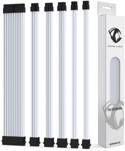 Reaper Cable Sleeved PSU Extension Set - Power Supply Extensions - 1x 24 Pin/ 2x 8 Pin/ 2x 6 Pin/ 1x 4+4 Pin - With Combs - 30cm (White & Carbon)