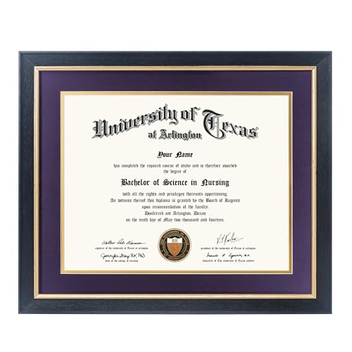 GMFrames 11x14 Wood Diploma Frame with Purple Mat or Display 14x17 Certificates without Mat,UV Protection Acrylic,Rustic Black Finish with Gold Trim