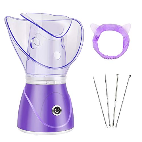 Facial Steamer, Facial Steamer for Face, Face Steamer for Facial Deep Cleaning, Hydration, Pores Cleansing, Pruple(Include 4 Pieces Blackhead Remover Kit, Headband)
