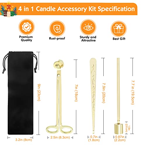 4 in 1 Candle Accessories Kit, Wick Trimmer, Candle Snuffer and Wick Trimmer, Candle Snuffer, Candle Wick Dipper with Velvet Pouch, Direction Card- Gift Package for Candle Lovers (Gold) - Image 3