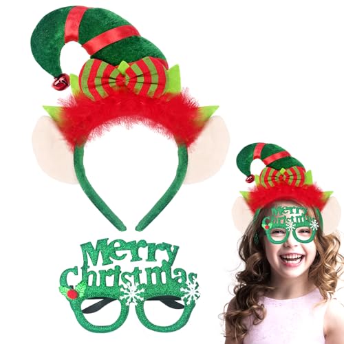 QLINLEAF Christmas Elf Hat Headbands Glasses Frame Creative Funny Eyewear Children's Christmas Elf Headband for Xmas Holiday Party