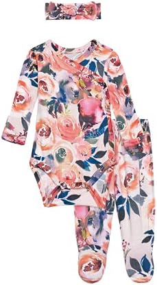 Posh Peanut 3-pc Baby Girl Pajama Set - Long Sleeve Kimono Onesies Bodysuit from Soft Viscose from Bamboo 0-3 Months - Dusk Rose