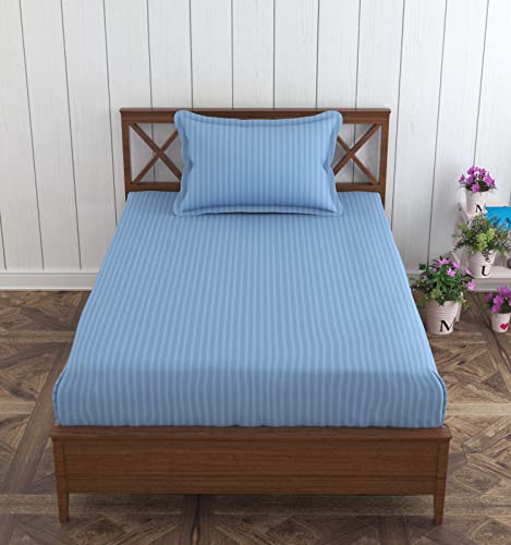 Image of Trance Home Linen 100% Cotton 75x36 inch Single Fitted 200TC Satin Stripe Elastic Fitted Bedsheet | Single Bed Size Daily use Fitted Bedspread with 1 Pillow Covers (75 inch x 36 inch | 6.25 x 3 feet,Sky Blue)