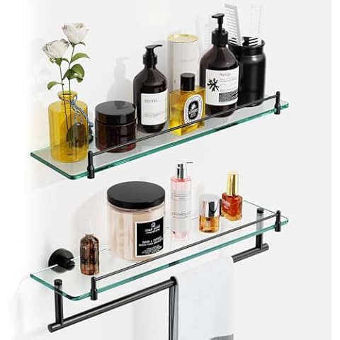 KOCOK Bathroom Shelf Glass Shelf 2 Pack,20-Inch Floating Glass Shelves Towel Bar/Track(Matte Black) Cover