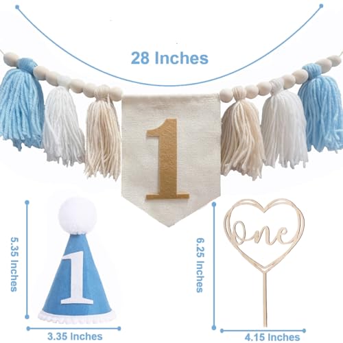 Image of First Birthday Party Decorations Blue Highchair Wood Bead Tassel Garland 1st Birthday Crown Cake Topper