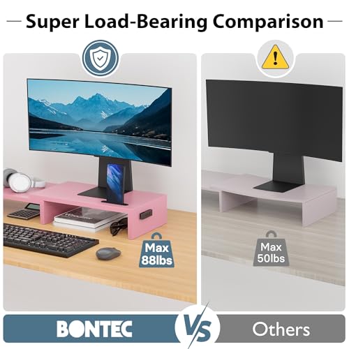 Image of BONTEC Dual Monitor Stand Riser with Smartphone Holder, Adjustable Length & Swivel Angle, Ergonomic Wooden Desktop Organizer for PC Monitor, Laptop, Printer, Large Storage, 42.5 in, Pink