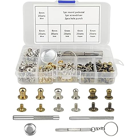 120 unidades de botón de cabeza redonda de latón macizo, botones de remache de cuero para manualidades, remache de uñas para cinturón, cartera de pantalones vaqueros herramienta de ranura Cover