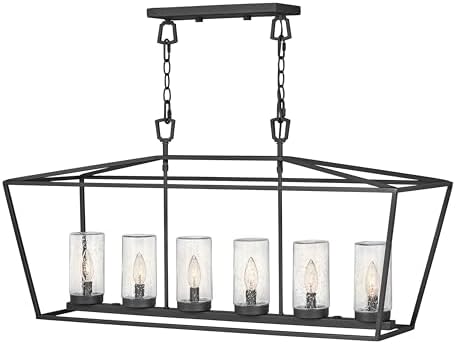 Hinkley Alford Place Outdoor Open Linear Chandelier, Die Cast Aluminum Frame, Clear Seedy Glass Shades, Museum Black