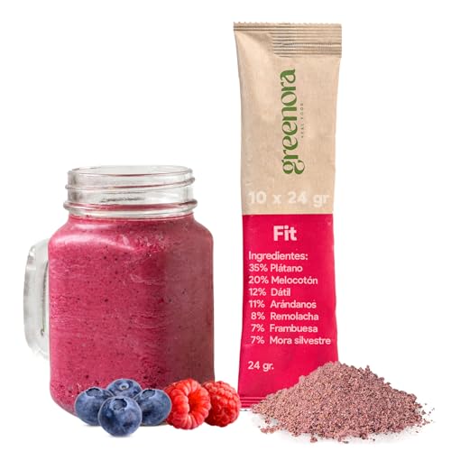 GREENORA Smoothie Vegano Fruta Liofilizada en Polvo 100% Natural. Deshidratada. Plátano Melocotón Dátil Arándanos Remolacha Frambuesa. 10x24g