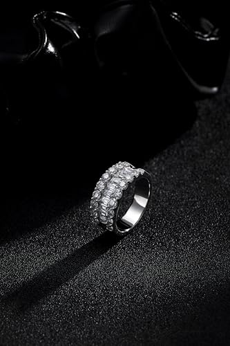 3.3cttw Half Eternity Moissanite Ring for Women Statement Ring 3 Rows Pave Emerald Cut Round Brilliant Cut 925 Sterling Silver D Color VVS1 Simulated Diamond Engagement Wedding Band for Women4