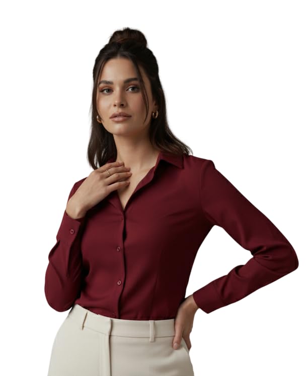 Image of modny Women Formal Cotton Shirt | Full Sleeve Regular Fit with V-Shape Collar | Stylish Casual & Office Wear Shirt | Available in Plus Sizes
