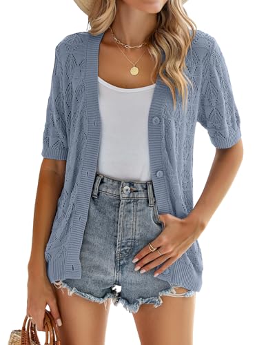 Image of Zeagoo Women's Short Sleeve 2026 Summer Crochet Cropped Cardigan V Neck Button up Bolero Shrug Sweater