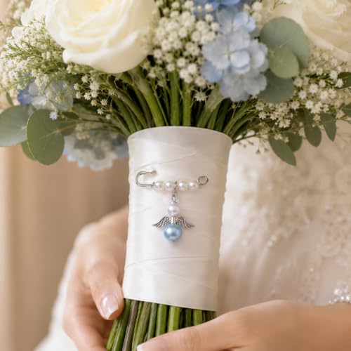 Image of MIXJOY Something Blue Gift for Bride, Wedding Day Bridal Blue Pearl Angel Wings Bouquet Garter Charm for Bride to Be