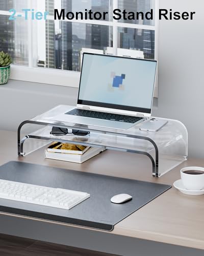 Image of Acrylic Dual Monitor Stand Riser 2 Tier, Modular Laptop Stand for Desk, Multifunctional Desktop Organizer Shelf for PC, iMac, Printer, Detachable Monitor Stand for Office or Home, Clear