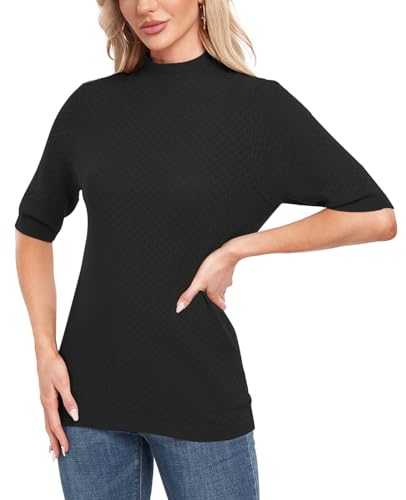 Image of MINTLIMIT Womens Turtleneck Sweaters Short Sleeve 2024 Fall Winter Casual Texture Shirt Blouse Knit Pullover Sweater
