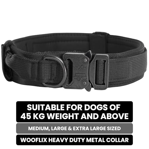 Image of WOOFLIX Metal Dog Collar For Training And Walks | Nylon Collar With Tactical Metal Buckle And D-Ring For Medium And Large Dogs | Dog Collar For Medium And Large Dogs (Extra Large, Black, 25 Cm X 5 Cm)