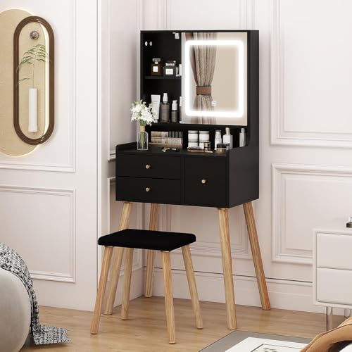 YU YUSING Toiletta Trucco con Sgabello, Scrivania Trucco con Specchio LED, Tavolo da Trucco con 3 Cassetti e 5 Ripiani Aperti, Postazione Trucco Moderno, Set Toeletta da 60 cm per Piccoli Spazi, Nero