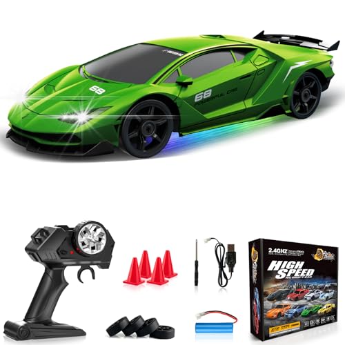Everbigmai RC Drift Car 1:24 Remote Control Car 4WD 15KM/H High Speed Racing Sport Car with LED Lights RC Cars Toy for Kids Boys Girls Adults Gifts Birthday Christmas Rechargeable Batteries