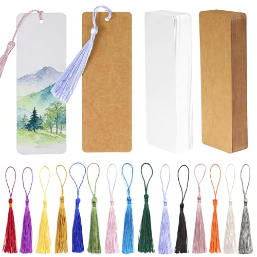 EnixwH 90 Piezas 14 x 4,9 CM Marcapaginas Papel Marcapaginas Personalizado Punto de Libro con Agujero Borlas para Manualidades Artículos Bricolaje y Decoración (Blanco + Marrón)